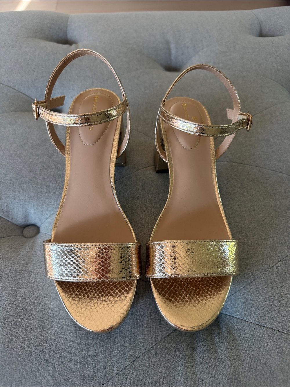 Bandolino Gold Snakeskin Texture Block Heel Sandals size 8 - 8.5